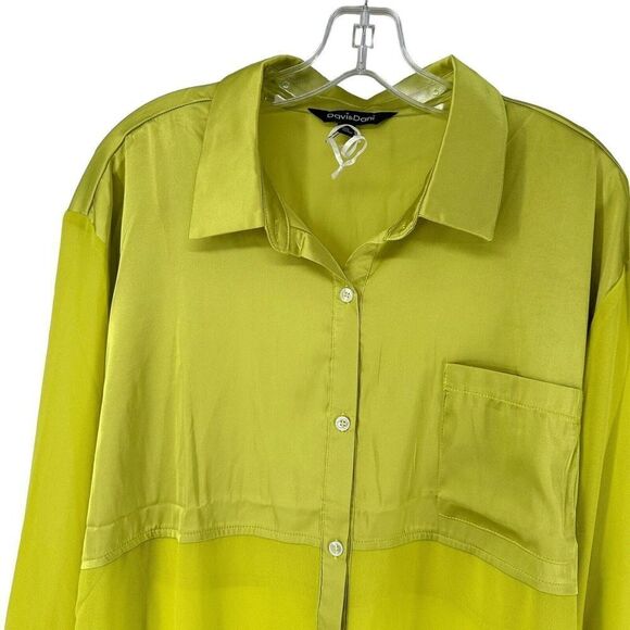 Davi Dani Lime Green Top Long Sleeve Satin Button Up Size 1X Semi Sheer Panel - Picture 3 of 8